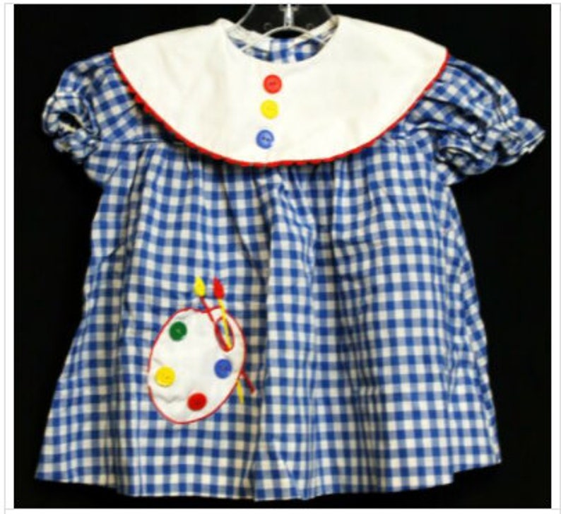 VTG 80s Blue Gingham Dress Sz 9-12M White Collar Short Sleeve Paint Palette