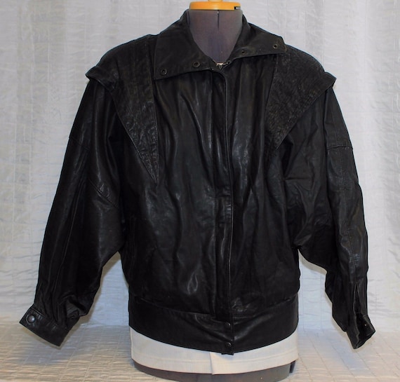 1980s Giorgio Comint Black Leather Woman Sz Med Jacket Wood Grain