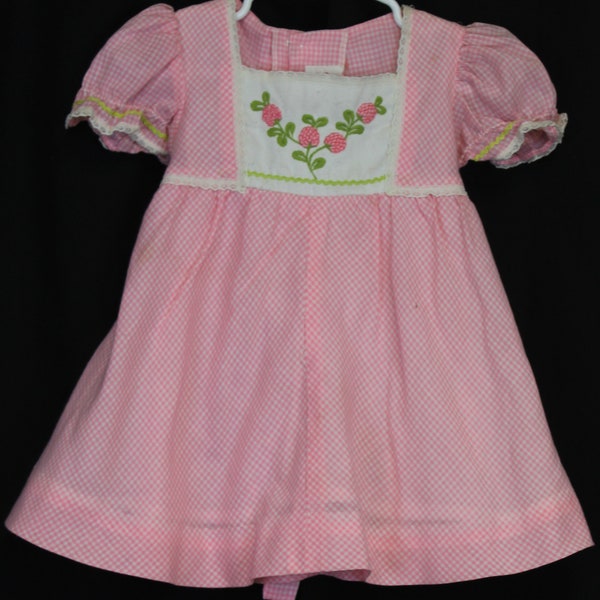 Vtg 70s Ruth of Carolina Pink Checkered 2T Dress Flowers Spring Embroidered