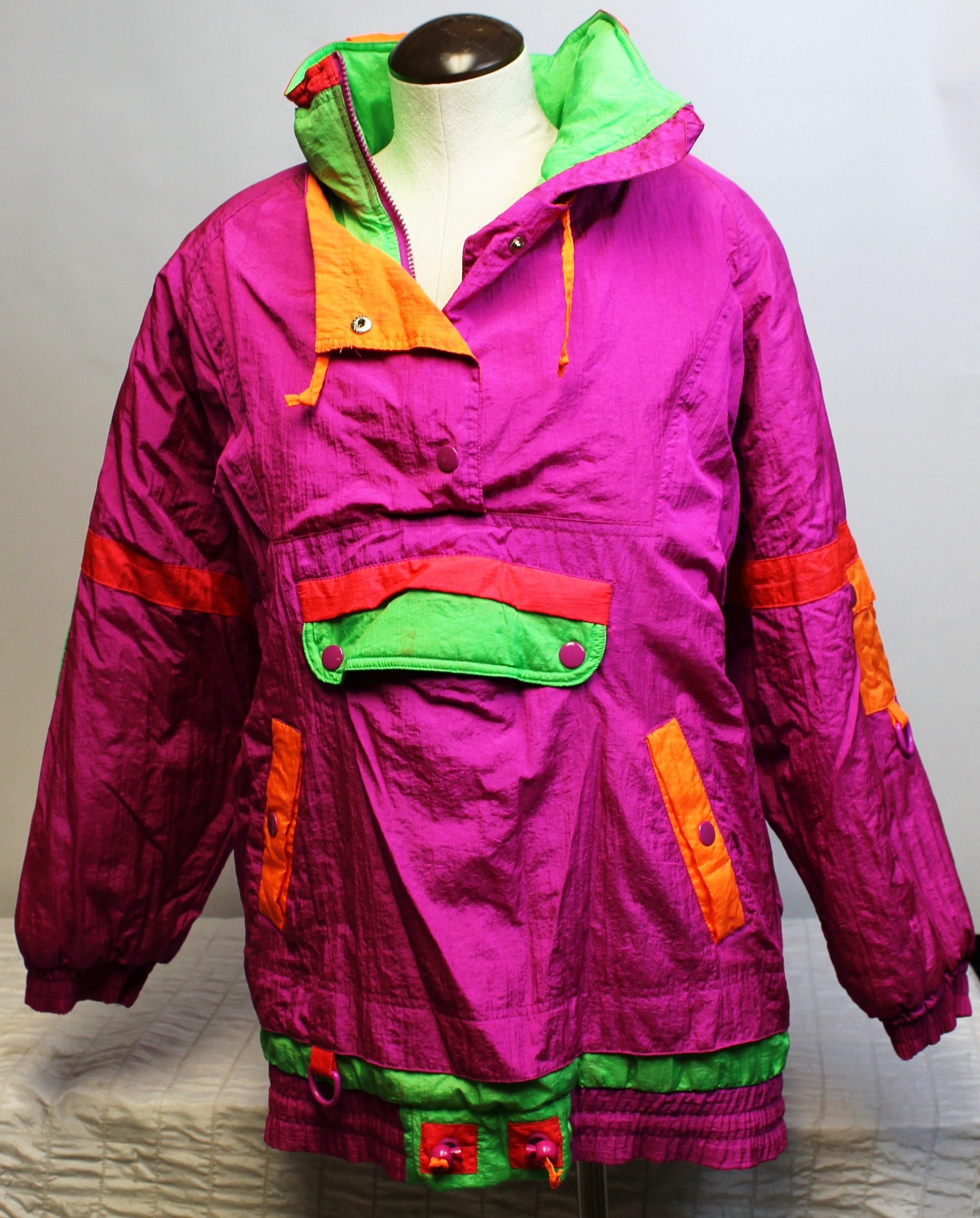 Color Block Windbreaker Jacket 80s 90s Black Purple Green Red