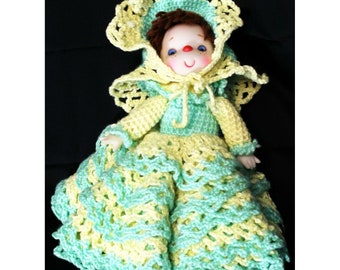 Vtg 80s Ice Cream Face Crochet Doll Full Lacey Dress Brown Hair Handmade