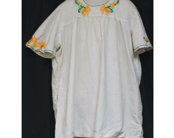 VTG 1970s Girls sz 14/16 White Shirt Handmade Yellow Flower Mod Hippy Bohemian