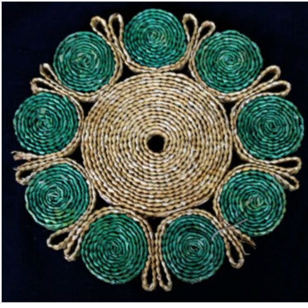 Vtg jaren '80 natuurlijk geweven onderzetter Tan en groene bloemcirkel rotan abstracte vezels
