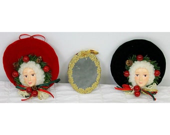 3 pc Set Holiday Porcelain Ornaments Christmas Womens Faces Wreaths Mirror Gem