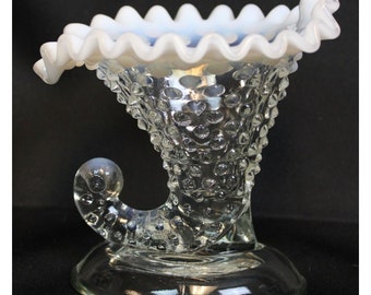 Fenton Hobnail Moonstone Horn Vase Glass Cornucopia Art Ruffle Taper Candlestick