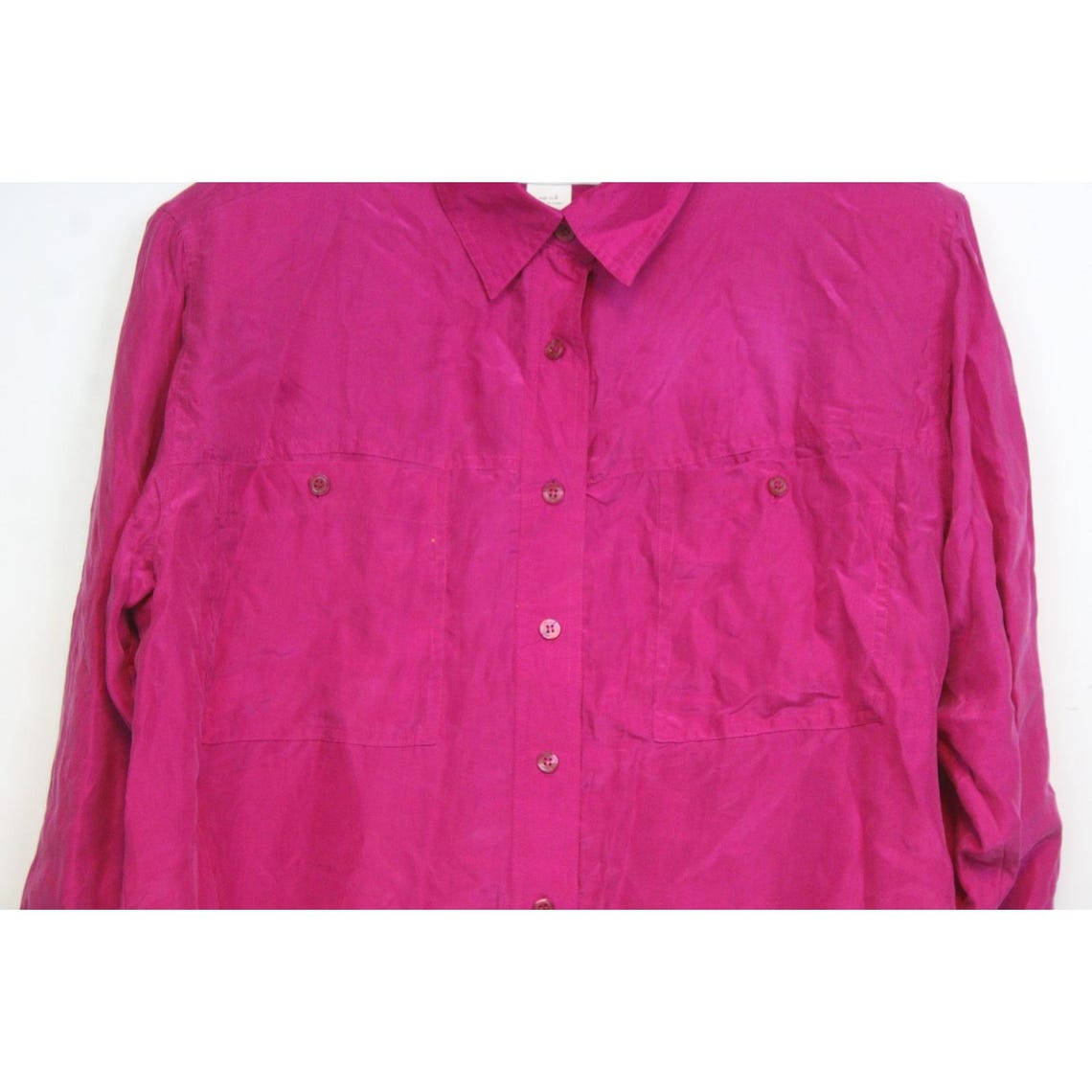 90s Vintage Silk Button-Up Shirt, Pink with Shoulder Pads, Women's Size 12, foto 4 di 5