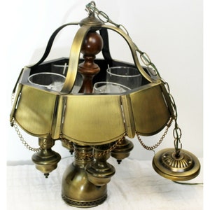 Vtg Brass Hanging Light Chandelier Glass Cover Gothic Medieval Ceiling Mount 22&quot;