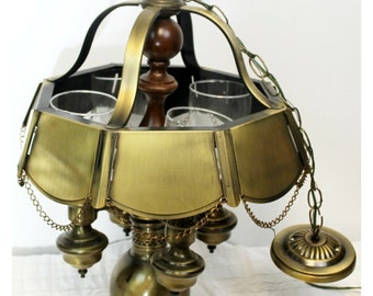 Vtg Brass Hanging Light Chandelier Glass Cover Gothic Medieval Ceiling Mount 22&quot;