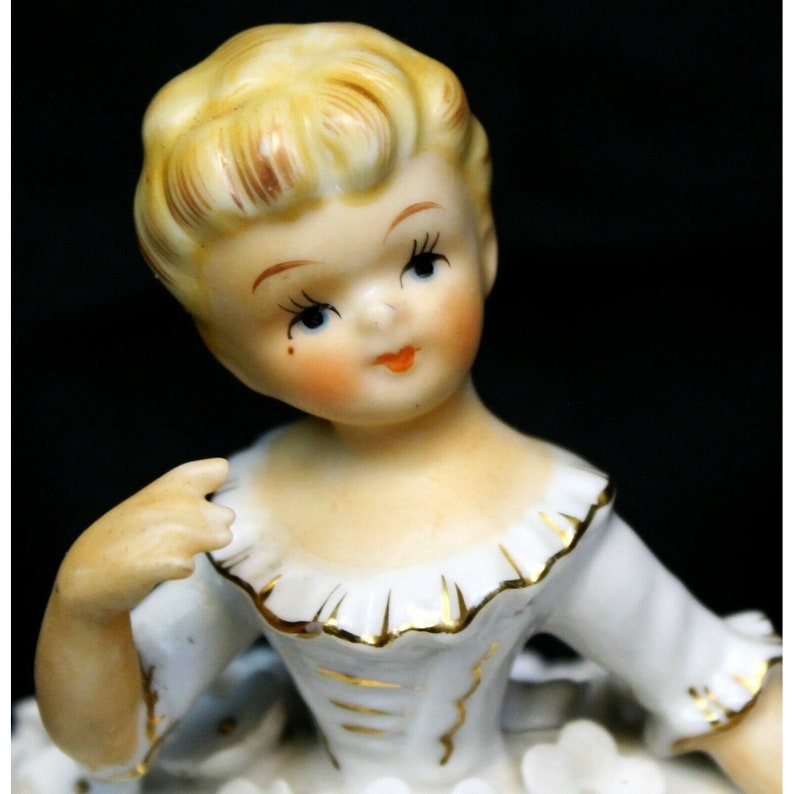 Vtg Mid Century Porcelain Doll Trinket Box Powder Jar White Floral Dress Dresser image 6
