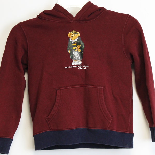 Vtg 90s Polo Ralph Lauren Bear Boys Size 7 Hoodie Pull-Over Sweatshirt Blue Trim