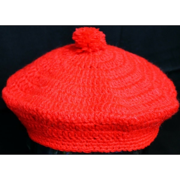 Hand Crochet Red Beret Hat Pom-Pom Christmas Holiday One Size Slouchy Beanie Cap