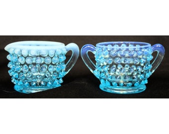 2 Pc Fenton Glass Mini Hobnail Creamer Jug Sugar Bowl Set Opalescent Star
