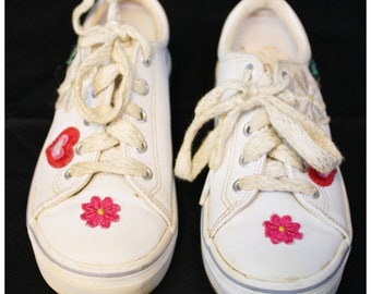 Keds Girl's White Leather Shoes sz 12 Rainbow Flower Butterfly Spring Summer