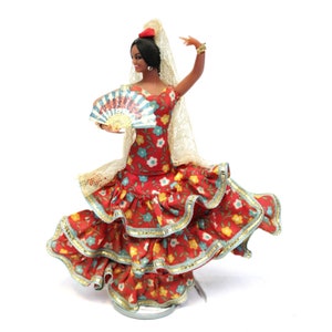 VTG 8" Flamenco Dancer Figurine Spanish Floral Dress Shine Doll Fan Rose Small