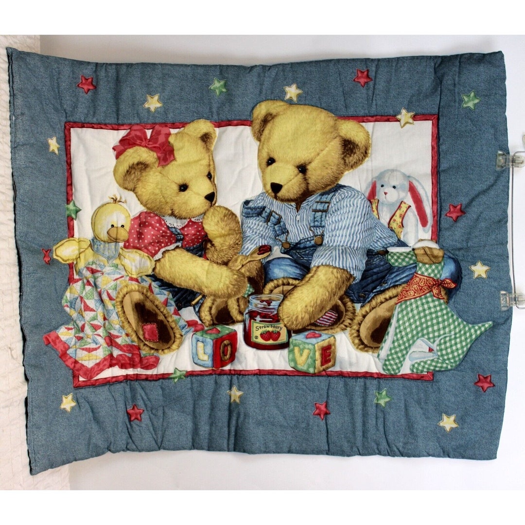 Vtg 90s Blue Jean Teddy Bear Baby Crib Blanket Comfort Duck Etsy