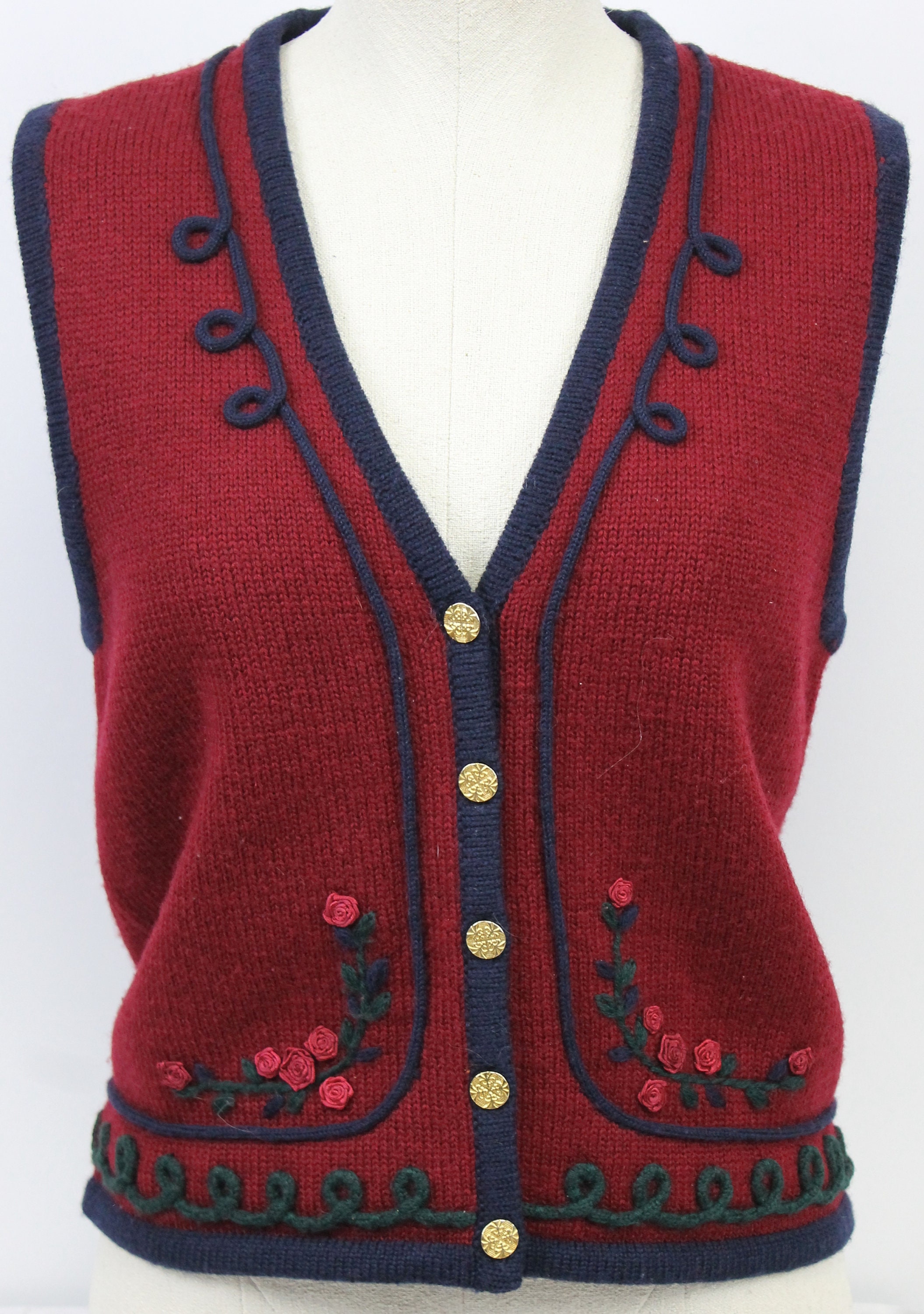 VTG 90s Pendleton Red Wool Knit Cardigan Vest Sz S Roses | Etsy
