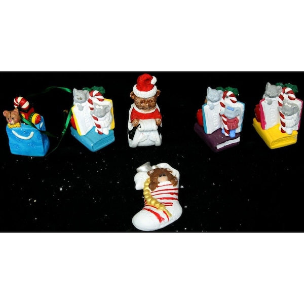 6 Paintable Ceramic Christmas Ornament Painted Bear Santa Presents Mice Books
