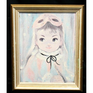Vtg Impressão emoldurada dos anos 60 em papelão Menina Pastel Rosa Azul Loiro/Olhos azuis 17" x 14"