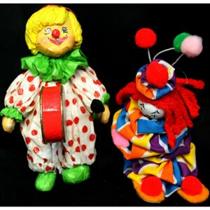 2 Vtg 1970s Clown Ornaments Set Multicolored Paper Mache Patterned Decoration