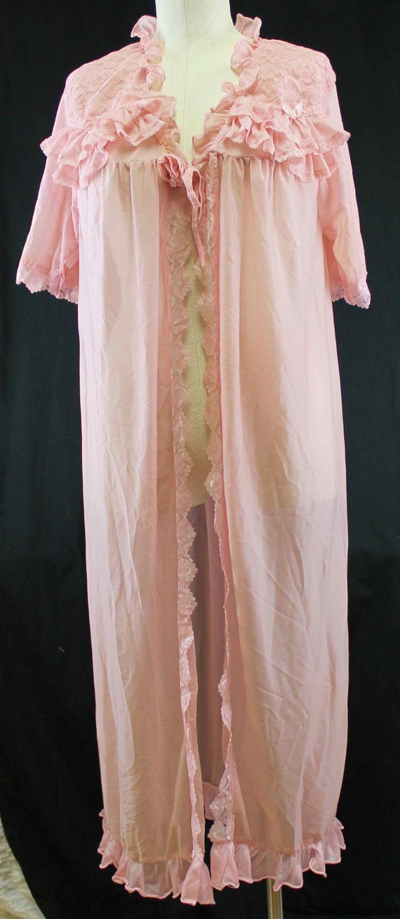 Night Dress Robe L/XL Muted Pink Lace Sheer Ruffle