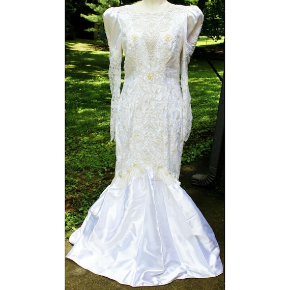 Vtg 80s Mermaid Wedding Dress sz 12 Puff Sleeves … - image 2