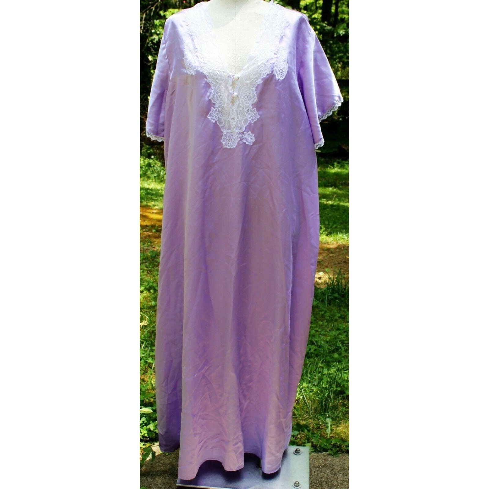 Vtg 80 90s Maggie Starr Purple Nightgown Satin Floral Lace Trim Short Sleeves XL Etsy UK
