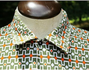 Vtg 90s Permafitt Green Geometric Pattern Long Sleeve Button Down Shirt Mens 41L