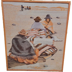 Tapisserie murale tissée folklorique péruvienne du milieu du siècle VTG Art culturel Femmes Pérou Hangin