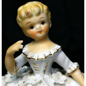 Vtg Mid Century Porcelain Doll Trinket Box Powder Jar White Floral Dress Dresser image 2
