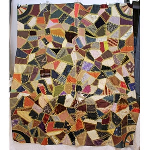 VTG Handmade Crazy Quilt Throw Blanket Topper 56 x 66 Patches Gold Stitching