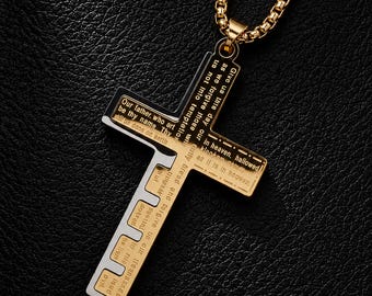 Engraved Mens Cross Necklace, Custom Lords Prayer Cross Pendant, Personalized Christian Jewelry