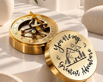 Personalized Gold Sundial Compass, Engraved Brass Compass Wedding Gift for Couples