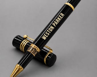 Black Lacquer Rollerball Pen with Gold Trim, Personalized Engraved Name Pen, Husband Birthday Gift