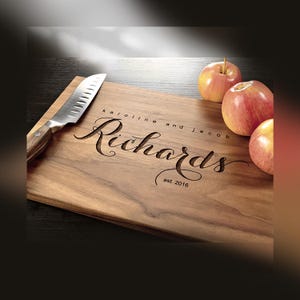 Personalized Walnut Cutting Board, Custom Wedding Gift, Engraved Family Name, Anniversary Gifts
