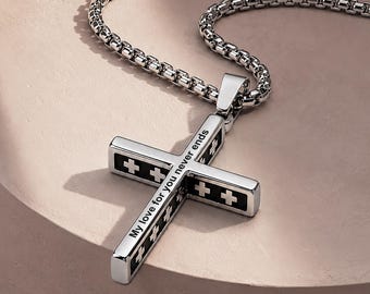 Custom Engraved Cross Necklace for Men, Silver Double Cross Pendant, Personalized Jewelry