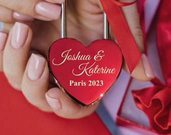 Custom Love Padlock – Red Heart Lock with Engraving, Symbol of Love for Weddings