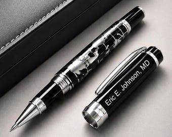 Personalized World Map Metal Ballpoint Pen | Engraved Pen with Gift Box