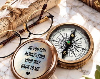 Personalized Handmade Bronze Compass, Custom Engraved Vintage Nautical Compass Gift for Men