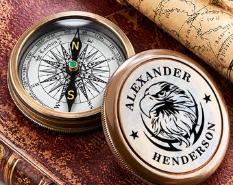 Personalized Brass Pocket Compass, Engraved Navigation Compass Monogrammed Gift For Men