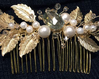 Golden Leaves Comb – large w/pearls & Swarovski crystals