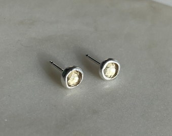 Simple Citrine recycled sterling silver stud, handmade in Ontario, November birthstone