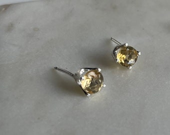 Genuine Citrine prong set recycled sterling silver stud, handmade in Ontario, November birthstone