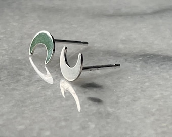 Recycled CRESCENT MOON sterling silver stud, handmade in Toronto. Sustainable simple earrings