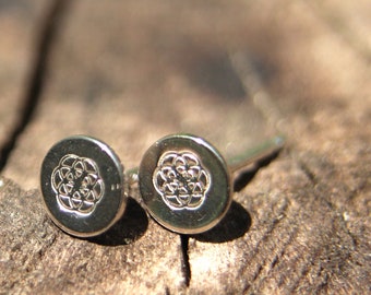 Simple, recycled, FLOWER OF LIFE detail sterling silver stud. Hand made in Toronto. Sustainable sacred jewelry.