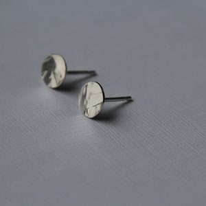 Hammered Circle pad recycled sterling silver stud, handmade in Toronto. image 2