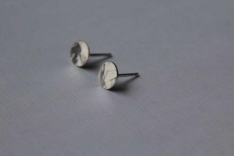 Hammered Circle pad recycled sterling silver stud, handmade in Toronto. image 2