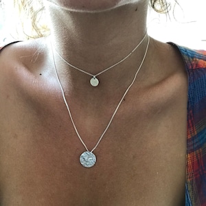 Recycled sterling silver full moon necklace. Handmade in Canada. Short minimalist every day necklace. Sustainable and durable.