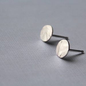 Hammered Circle pad recycled sterling silver stud, handmade in Toronto. image 1