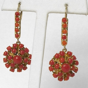 Vintage 14k Red Coral Dangle Drop Leverback Earrings Pierced Basket 12gr