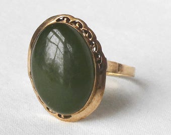 Handmade Vintage Jade Ring 14k Gold Art Deco Carved Filigree Basket Mount